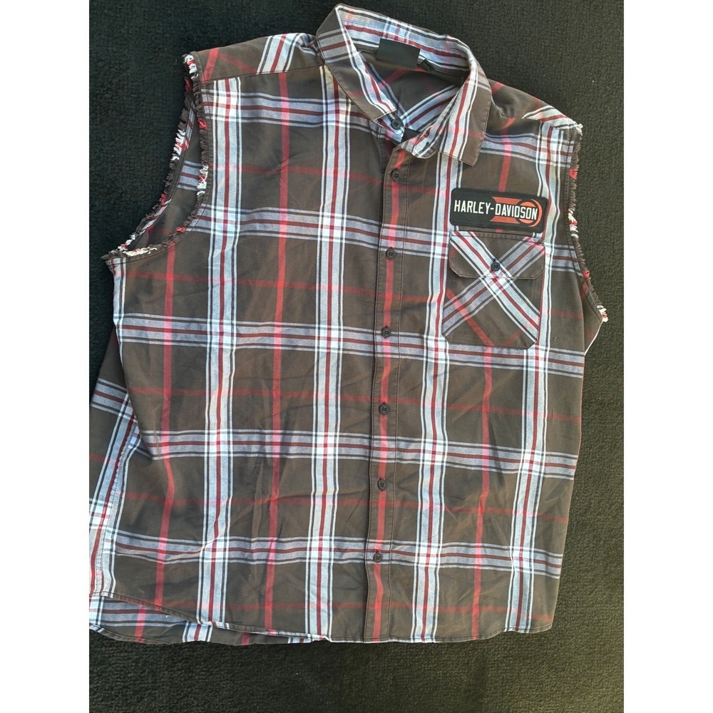 Harley-Davidson Mens 3XL Plaid Sleeveless Button Down Shirt Brown Red Biker Vest